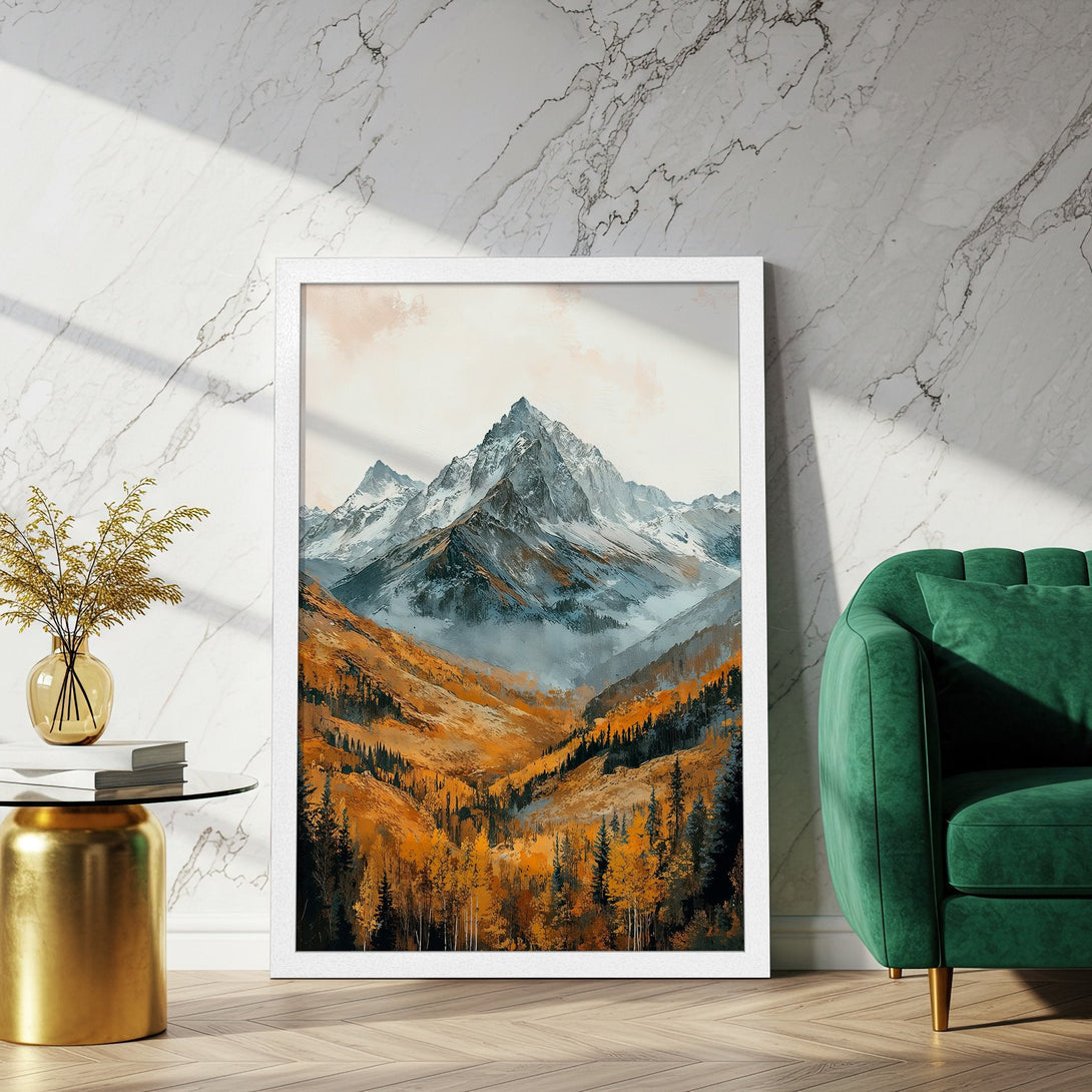 Framed Poster of a mountain landscape in a warm, autumnal color palette. Perfect wall art for your home decor.
