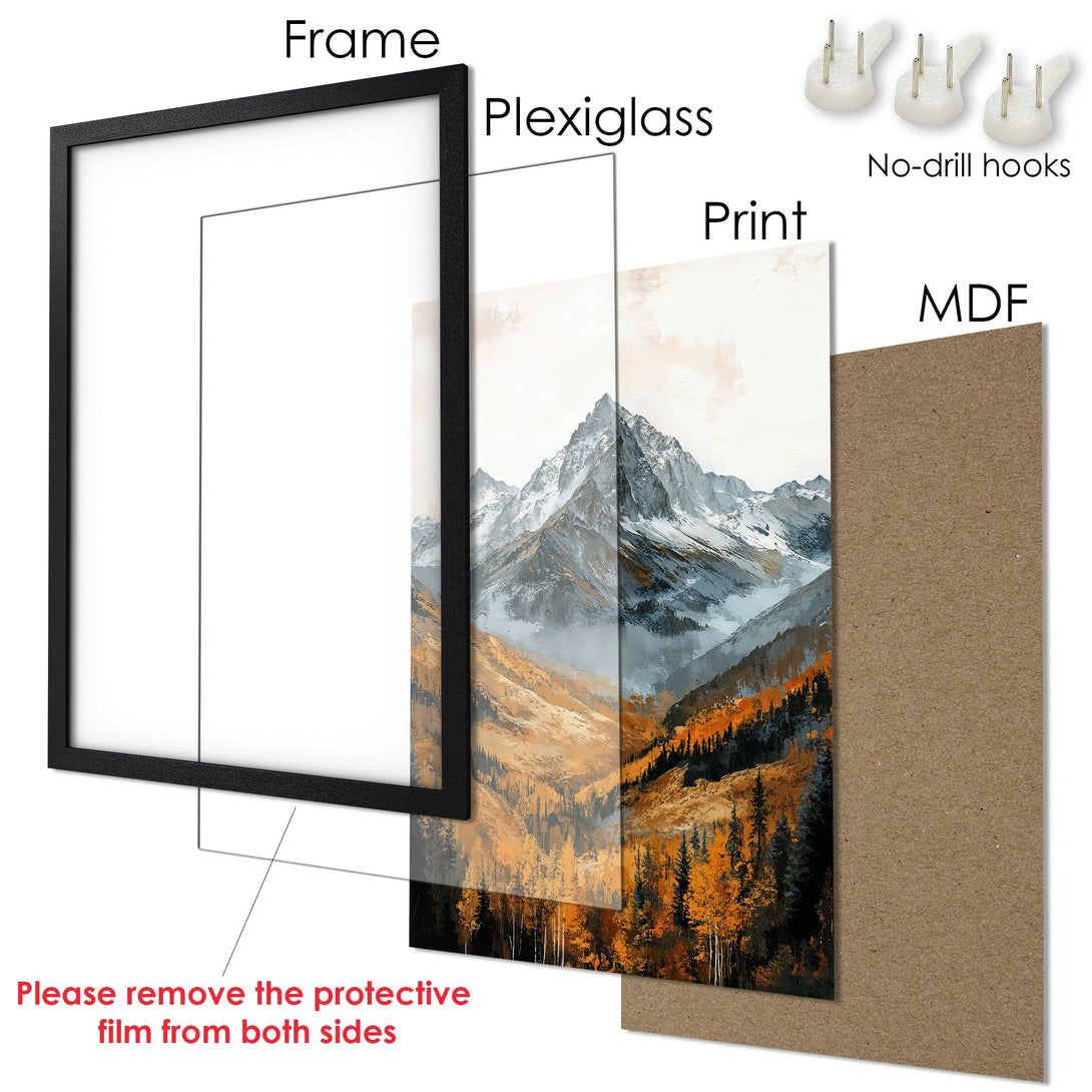 Framed Poster featuring a mountain landscape art print with a warm color palette. Ready to hang!