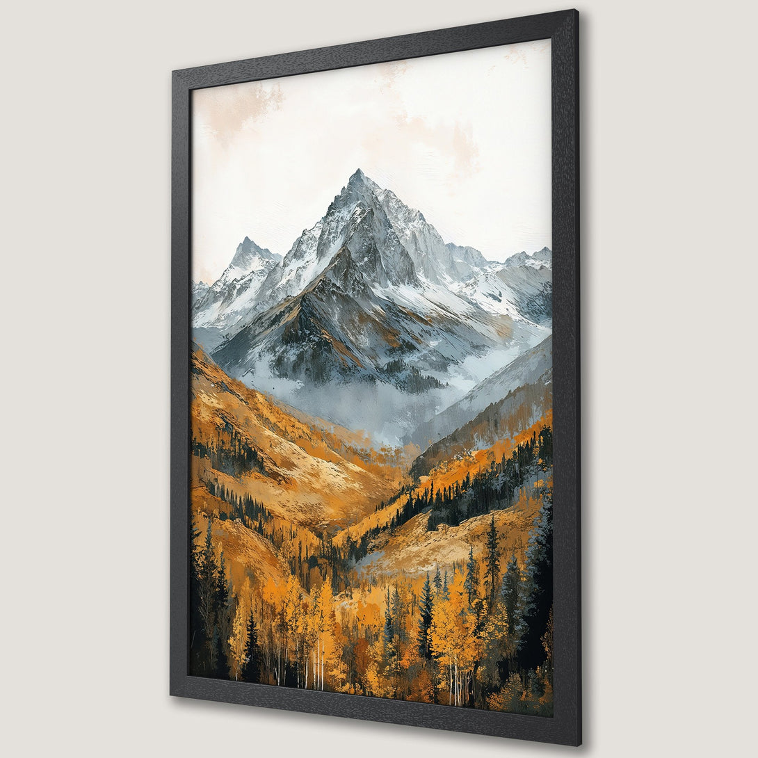 Framed Poster of a mountain landscape painting. Features a warm color palette of gold, orange, and gray, in a painterly style. Perfect wall art.