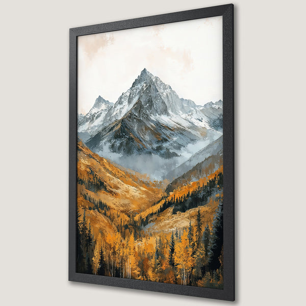Framed Poster of a mountain landscape painting. Features a warm color palette of gold, orange, and gray, in a painterly style. Perfect wall art.