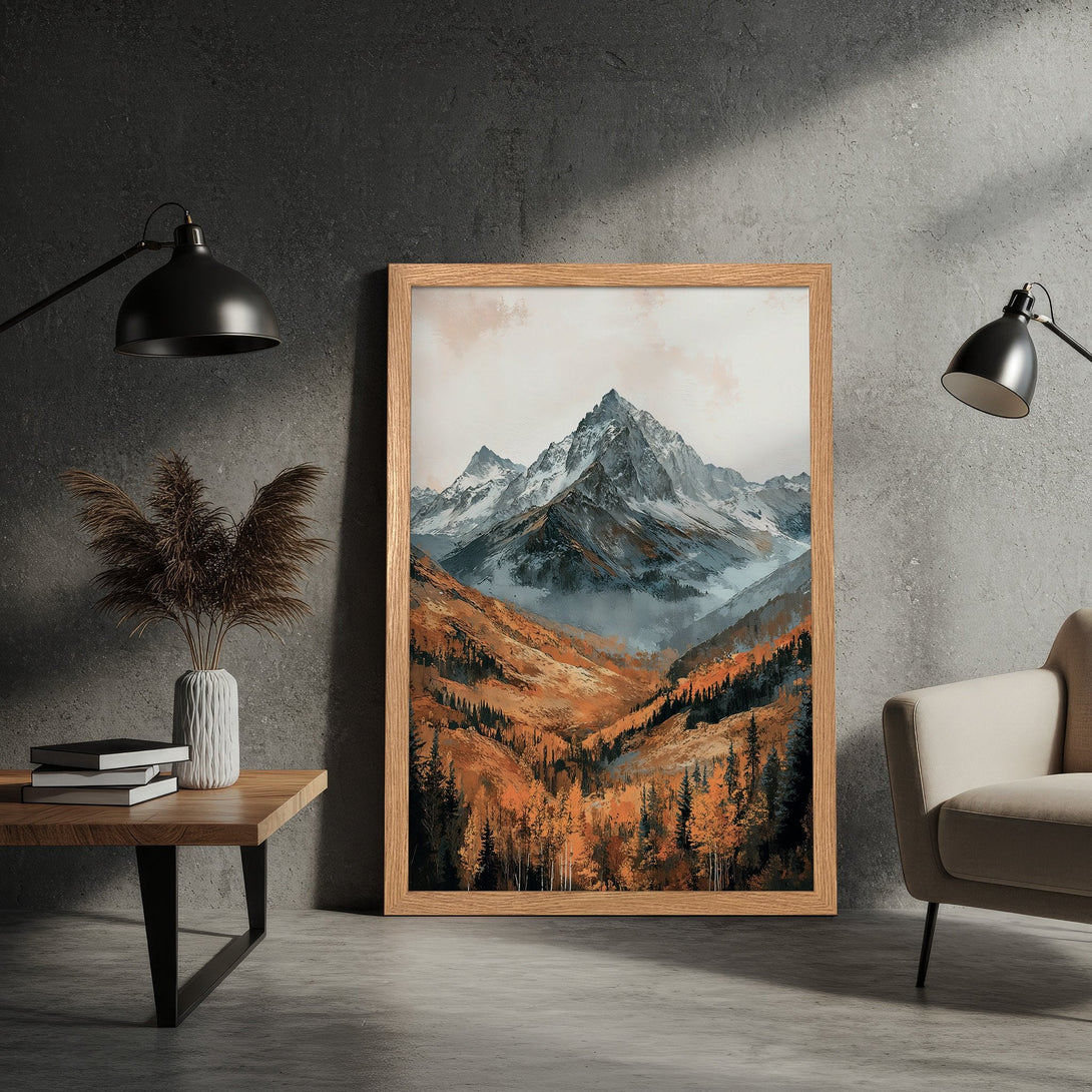 Framed Poster featuring a mountain landscape in a painterly style with a warm, earthy color palette. Perfect wall art for any home!