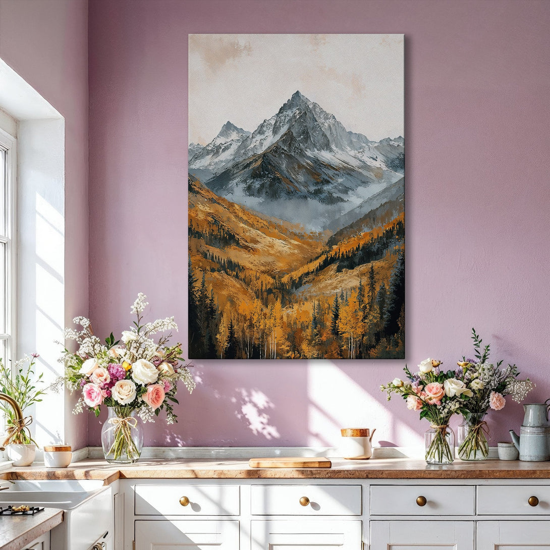 Framed Wall Art: Majestic mountain landscape Canvas Print in warm gold, grey, and earth tones. Elevate your space with this stunning, nature-inspired artwork.