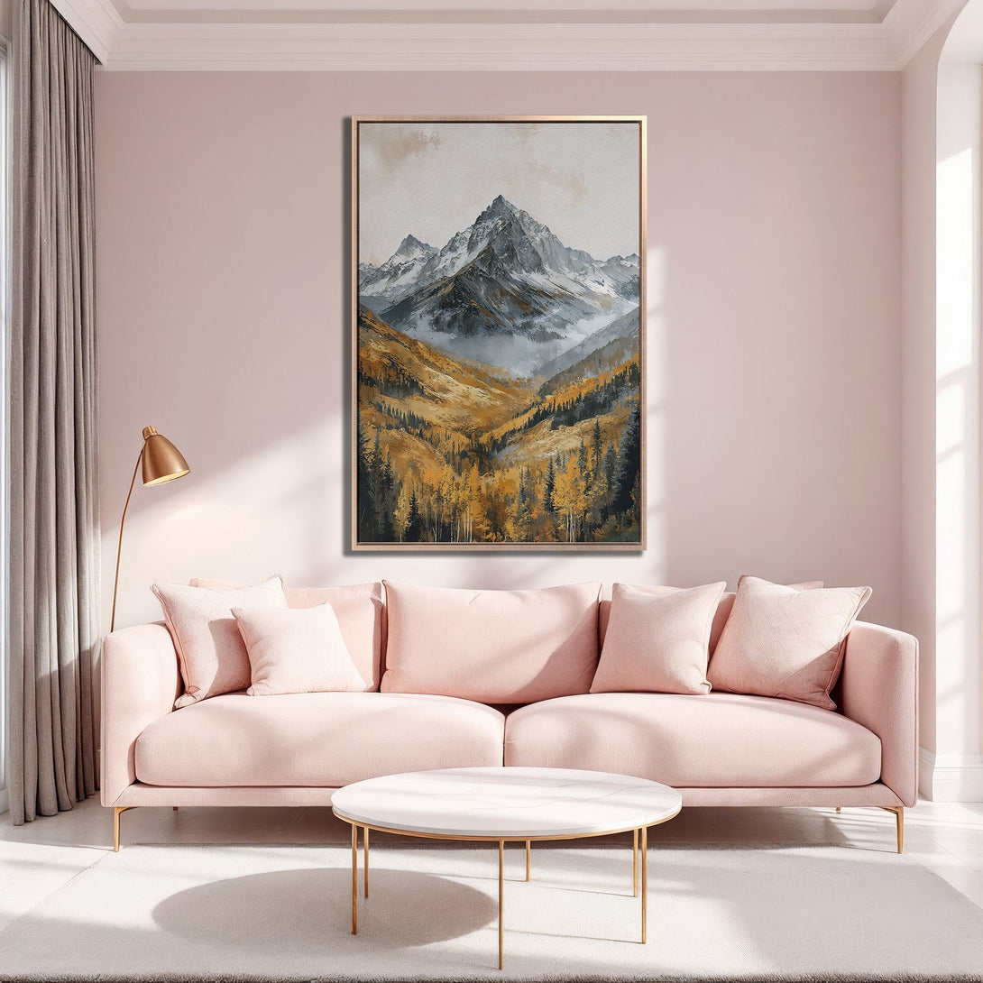 Framed Wall Art of a majestic mountain landscape in a warm, earthy color palette. Perfect for adding a touch of nature to your living room.
