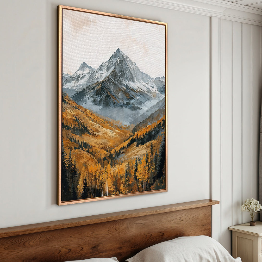 Framed Wall Art: Mountain landscape canvas print in warm autumn tones. Perfect for adding a touch of nature-inspired art to your bedroom decor.