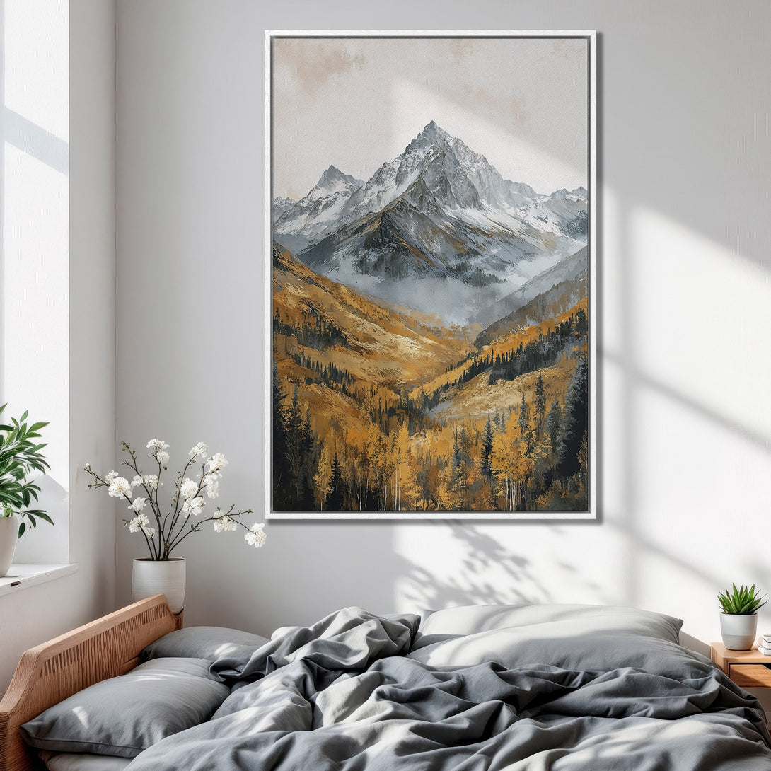 Framed Wall Art: Mountain landscape canvas print in warm gold and gray tones. Perfect for bedroom decor. Add a touch of nature to your space.