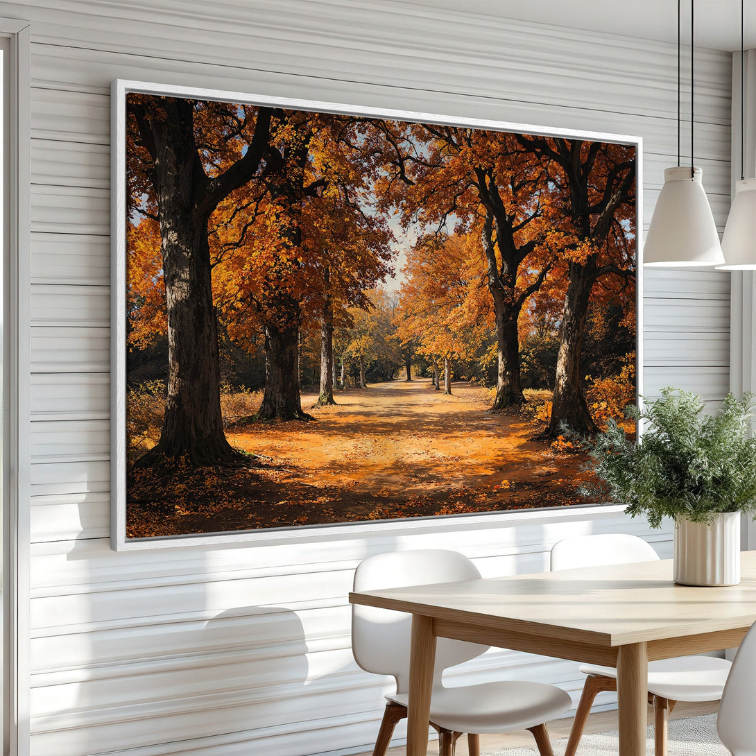 Framed Wall Art of an autumn forest scene in warm orange and brown tones. Perfect for adding a touch of nature's beauty to your home decor.