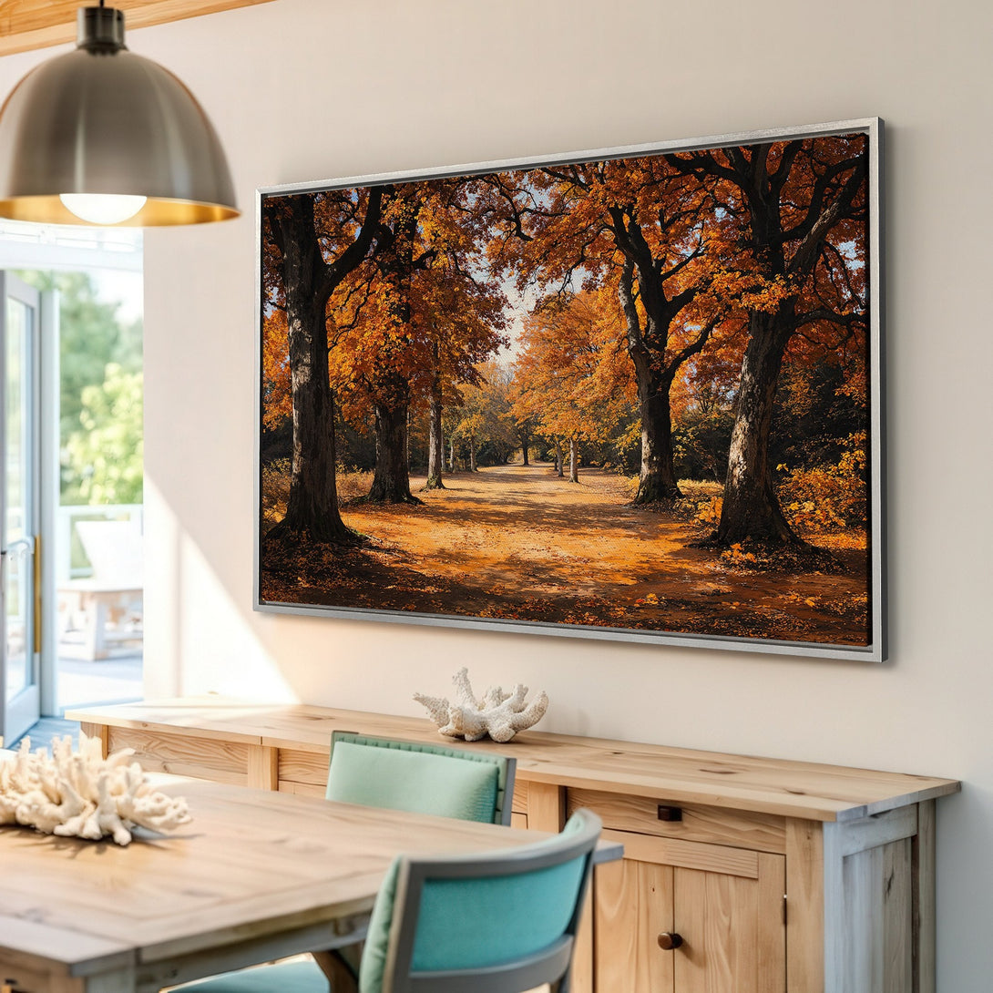 Framed Wall Art: Autumn forest scene with warm orange and brown hues. Rustic style Canvas Print adds cozy elegance to any space. Shop now!