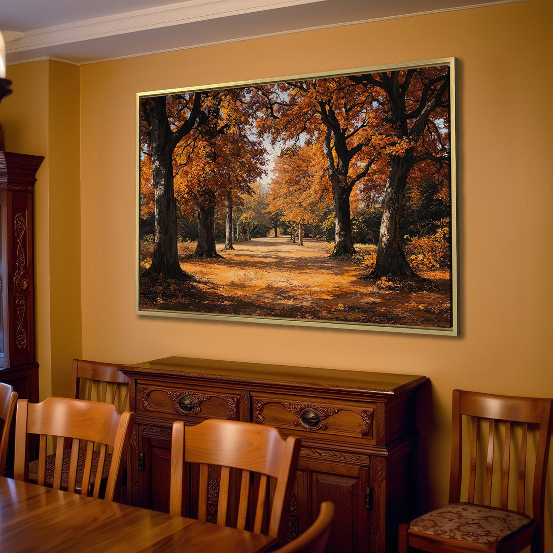 Canvas Print of a fall forest scene with warm orange and brown tones, perfect for adding a touch of nature to your home decor.