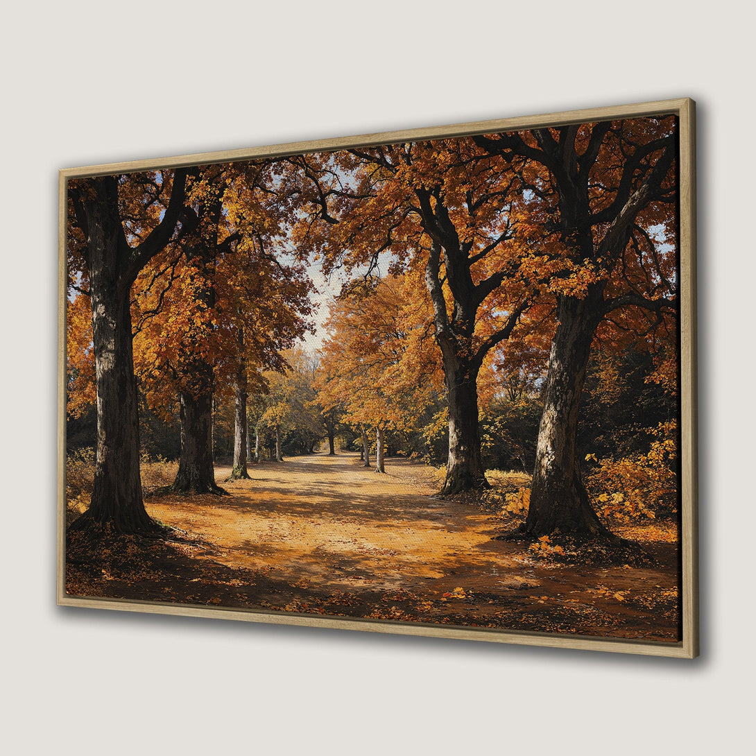 Framed Wall Art of a scenic autumn path with trees in warm orange and brown tones. Perfect fall decor for your home.