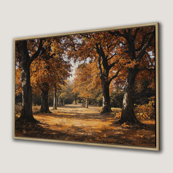 Framed Wall Art of a scenic autumn path with trees in warm orange and brown tones. Perfect fall decor for your home.