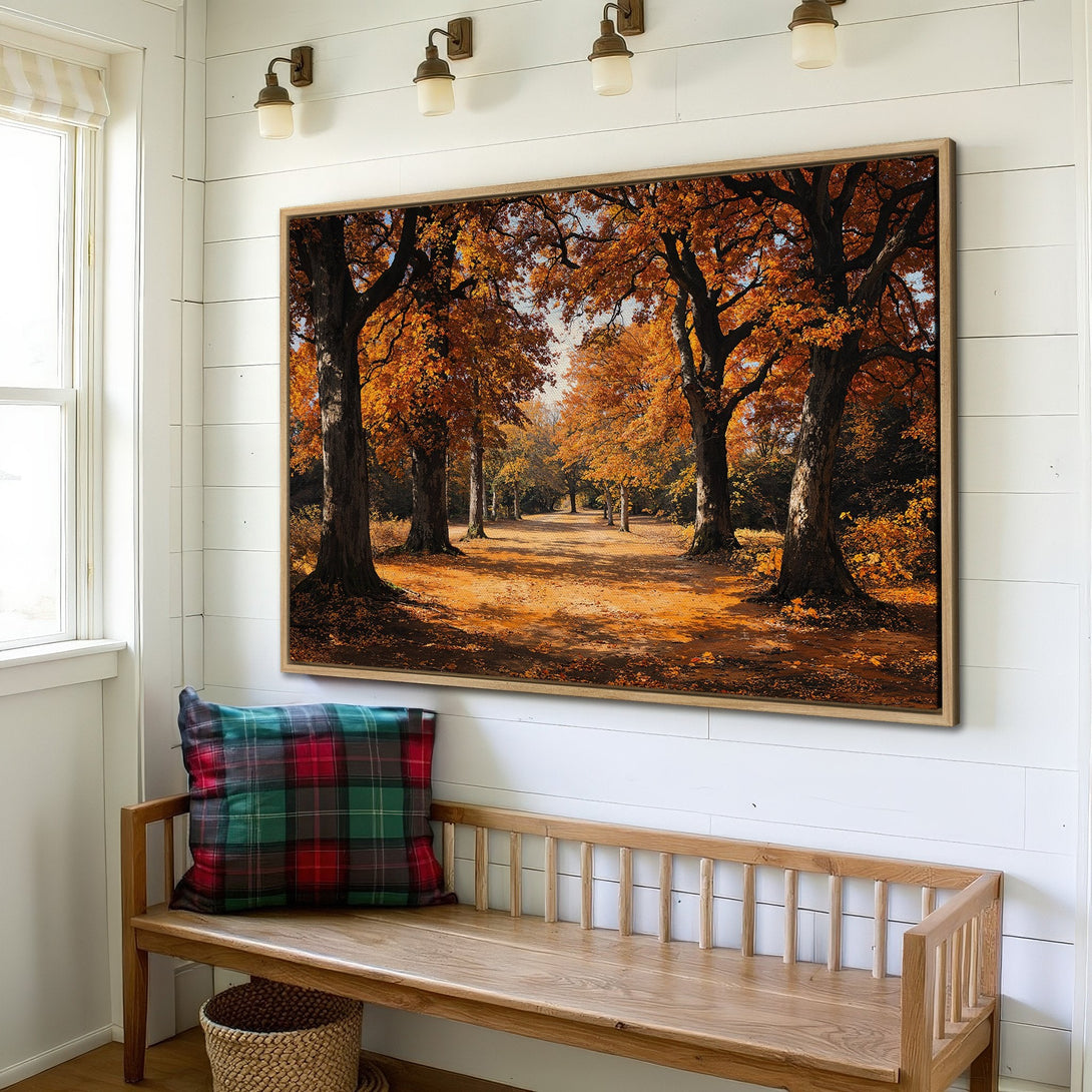 Framed Wall Art: Autumn forest scene in warm orange and brown tones. Rustic style Canvas Print adds cozy charm to any space. Shop now!