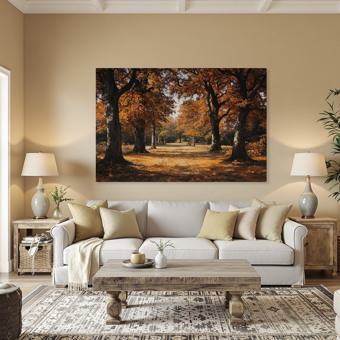 Framed Wall Art of an autumn forest scene in warm orange and brown tones, perfect for adding a touch of nature to your home.