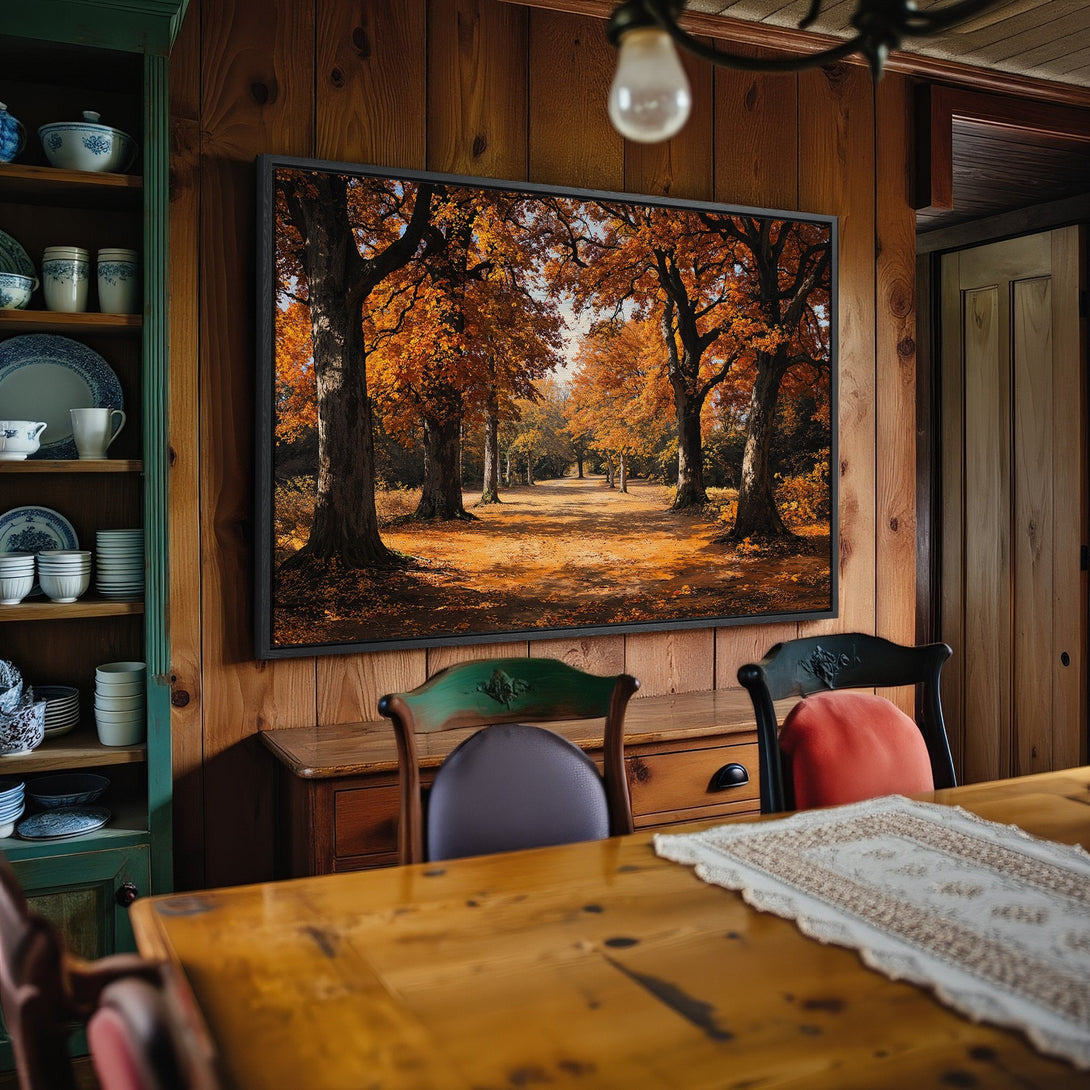 Framed Wall Art: Autumn forest scene in warm orange and brown tones. Rustic style canvas print adds cozy charm to any interior.