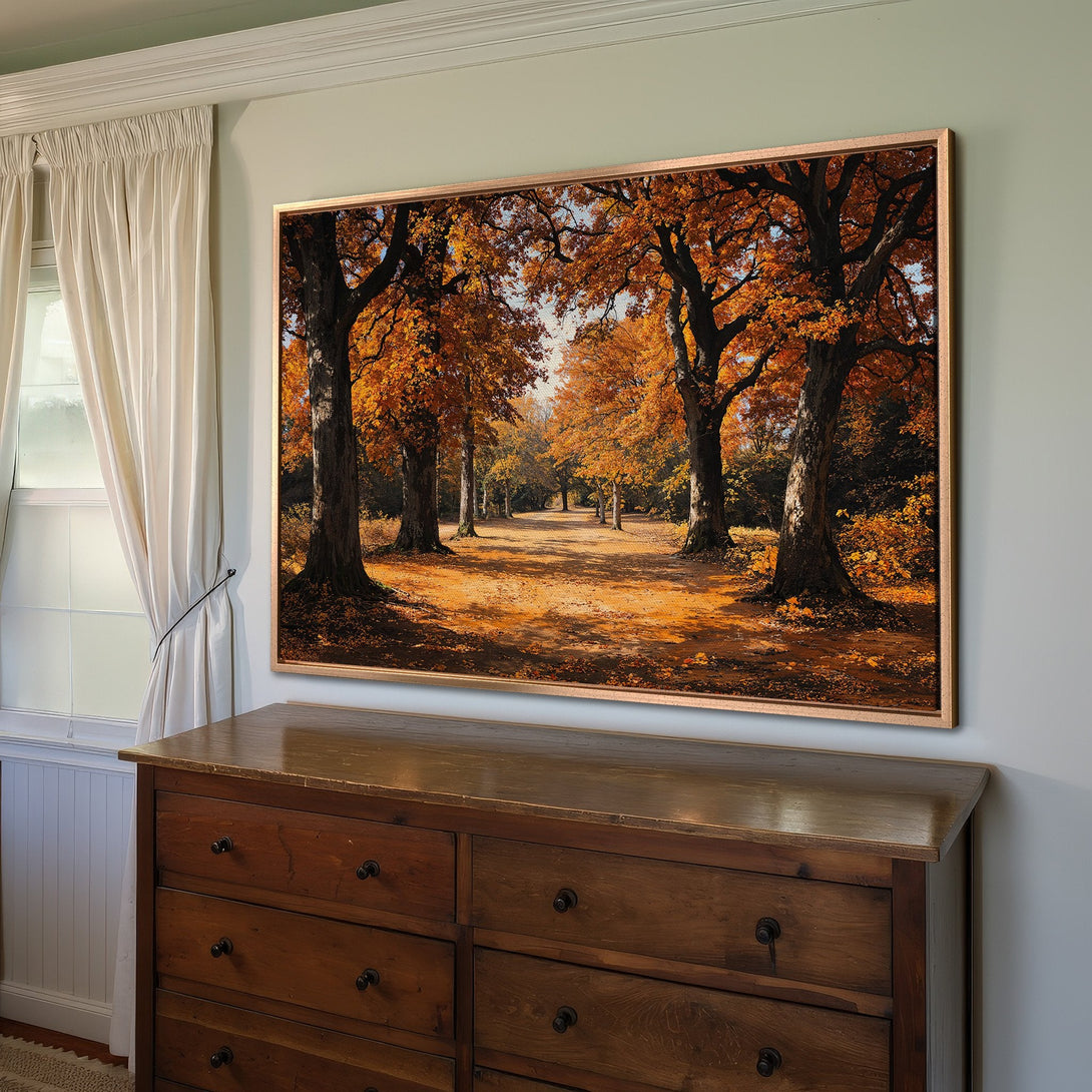 Framed Wall Art: Autumn forest scene in warm orange and brown tones. Landscape Canvas Print adds cozy, natural style to any room.