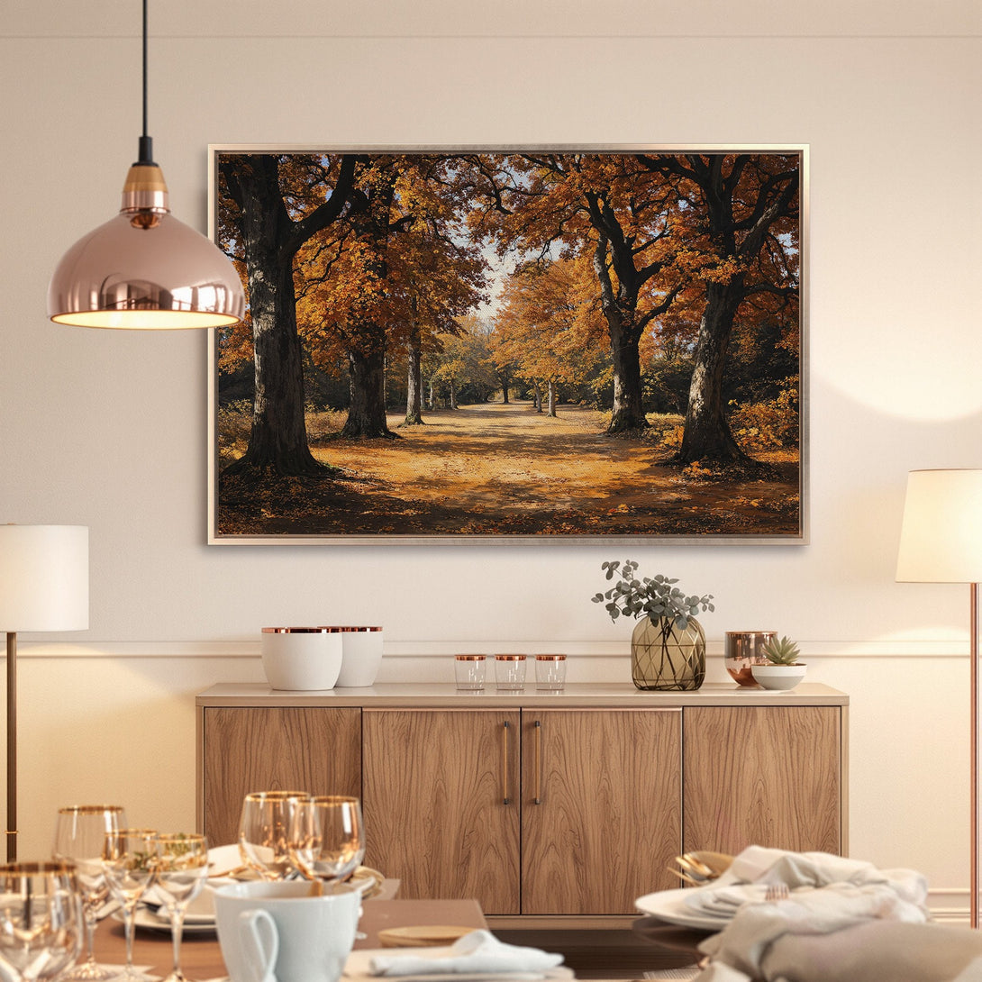 Framed Wall Art: Autumn forest scene in warm orange and brown tones. Perfect for adding a touch of nature to your home decor.