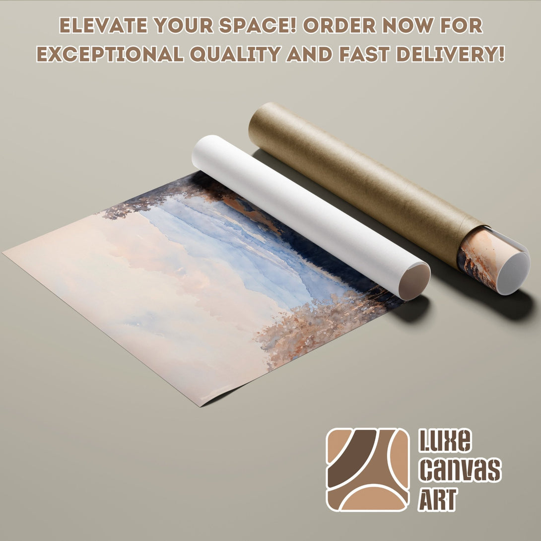 Poster Roll featuring a landscape painting in a watercolor style with a soft blue and brown color palette. Order yours today!