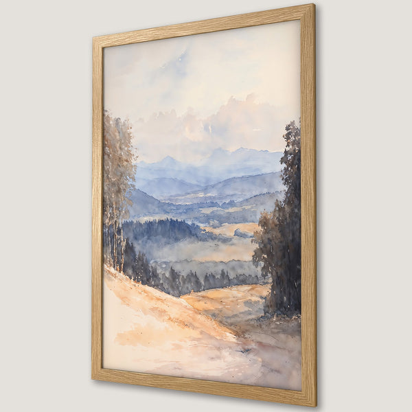 Framed Poster of a watercolor landscape painting with blue, beige & gray tones. Perfect wall art for home decor.