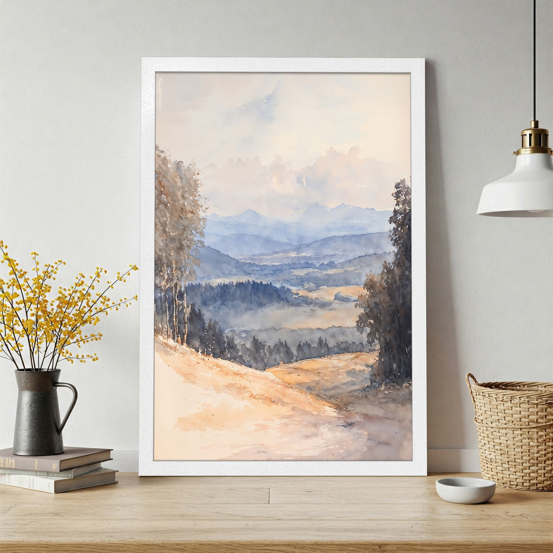 Framed Poster of a watercolor landscape painting. Features mountains, trees, and a soft blue and beige color palette. Perfect wall art!