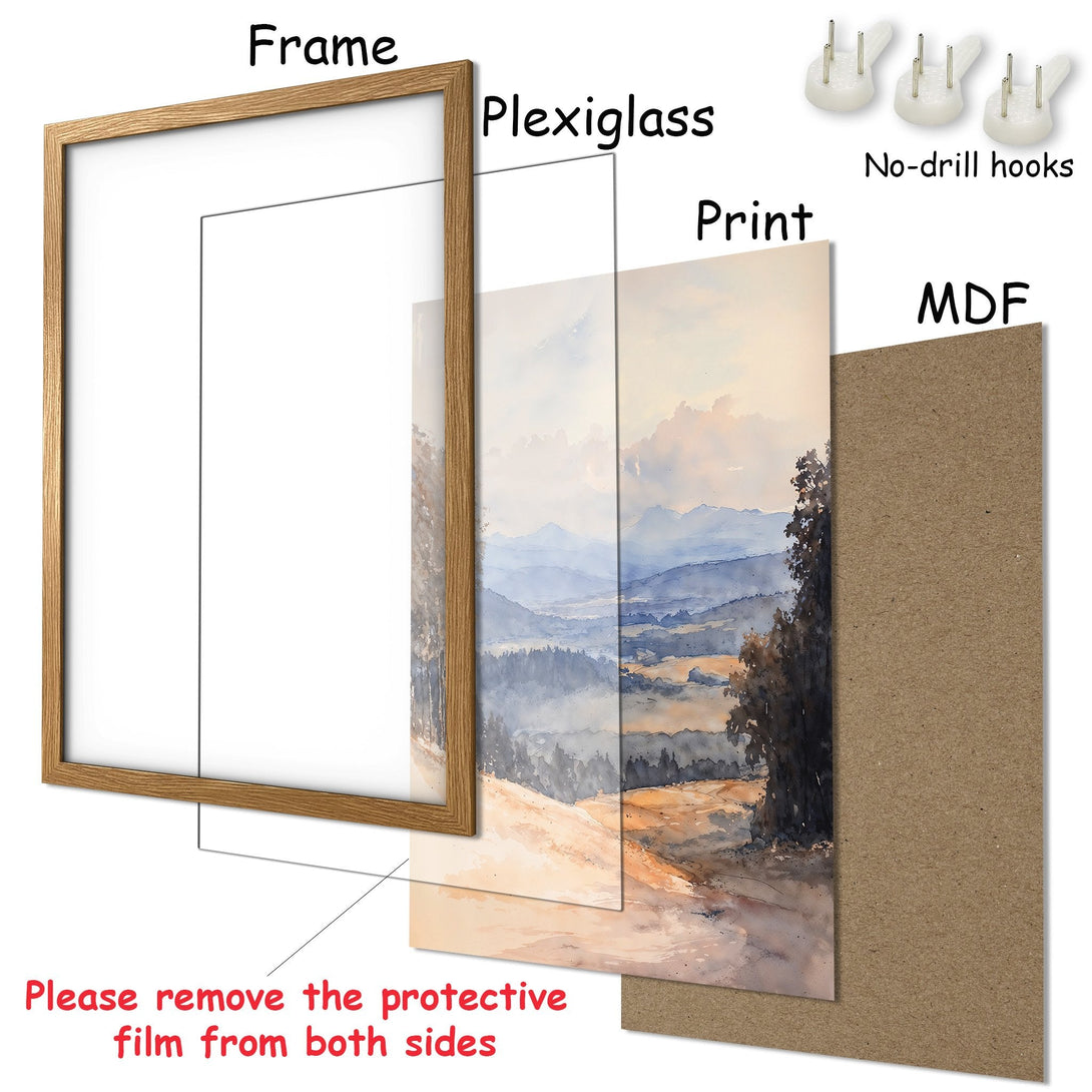 Framed Poster featuring a watercolor landscape in blue and beige tones. Enhance your home with this art print!