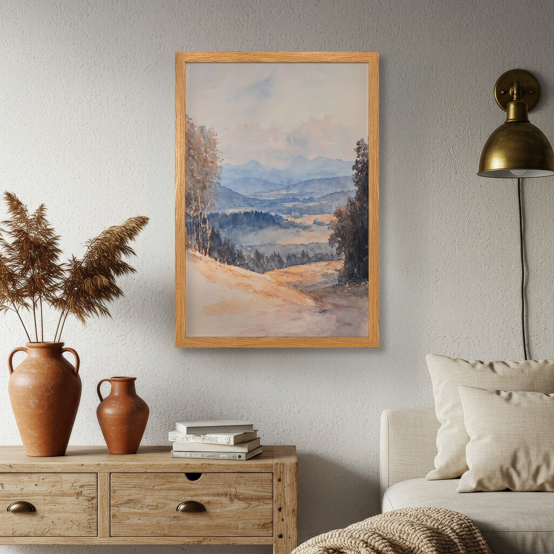 Framed Poster of a watercolor landscape in blue and tan hues. Perfect wall art for a cozy, minimalist home.