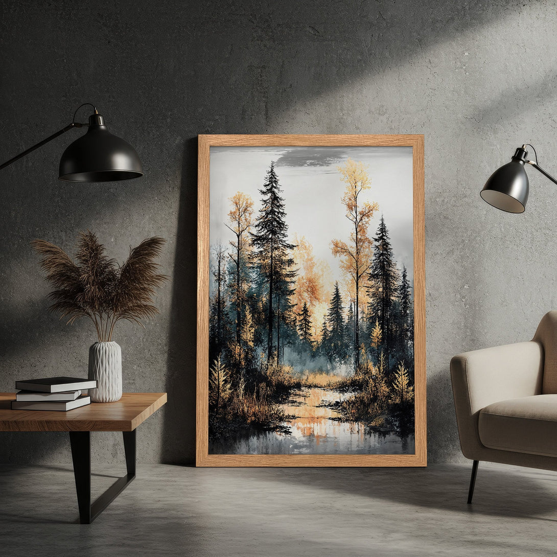 Framed Poster of a serene forest scene in a muted, earthy color palette. Perfect wall art for a calming aesthetic.