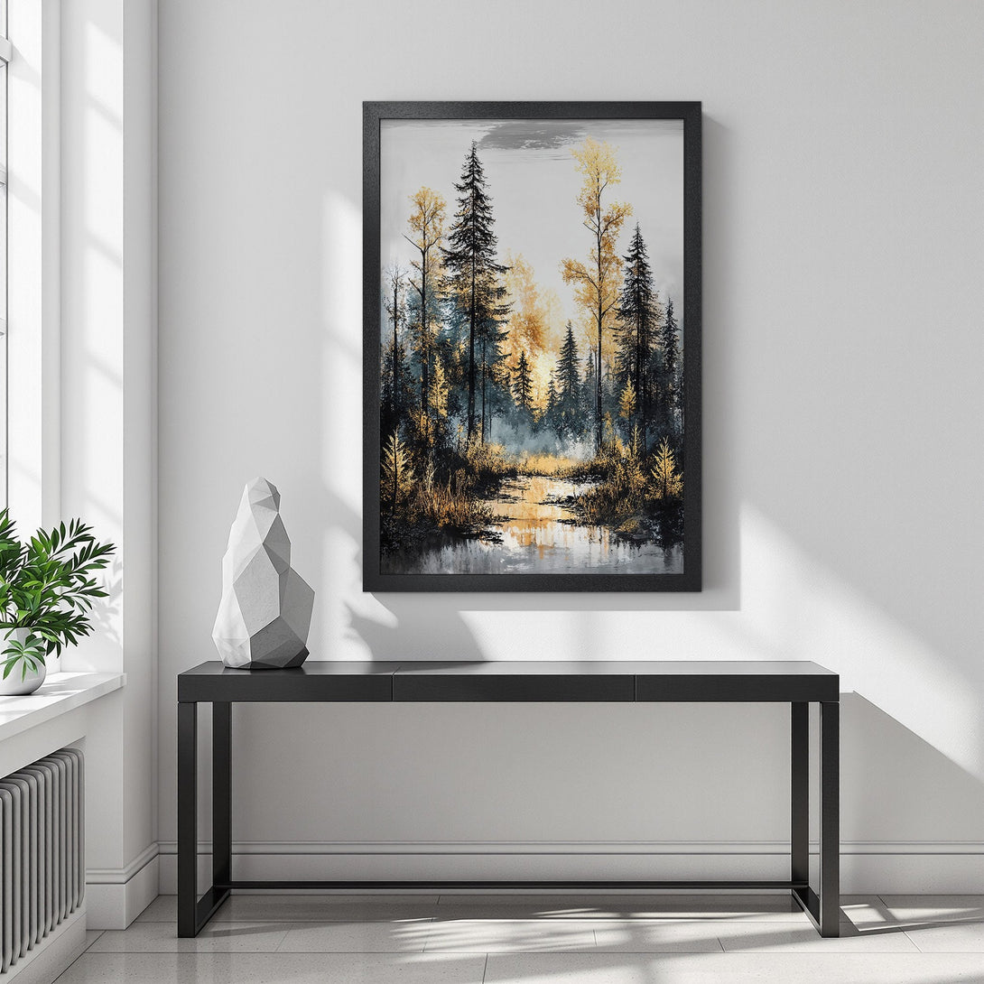 Framed Poster featuring a serene forest landscape in a muted gold and teal color palette. Enhance your home decor with this stunning art print.