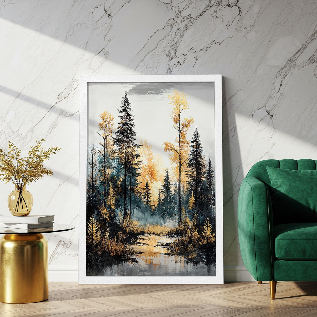 Framed Poster featuring a forest scene in a watercolor style with a gold, teal, and black color palette. Perfect wall art!
