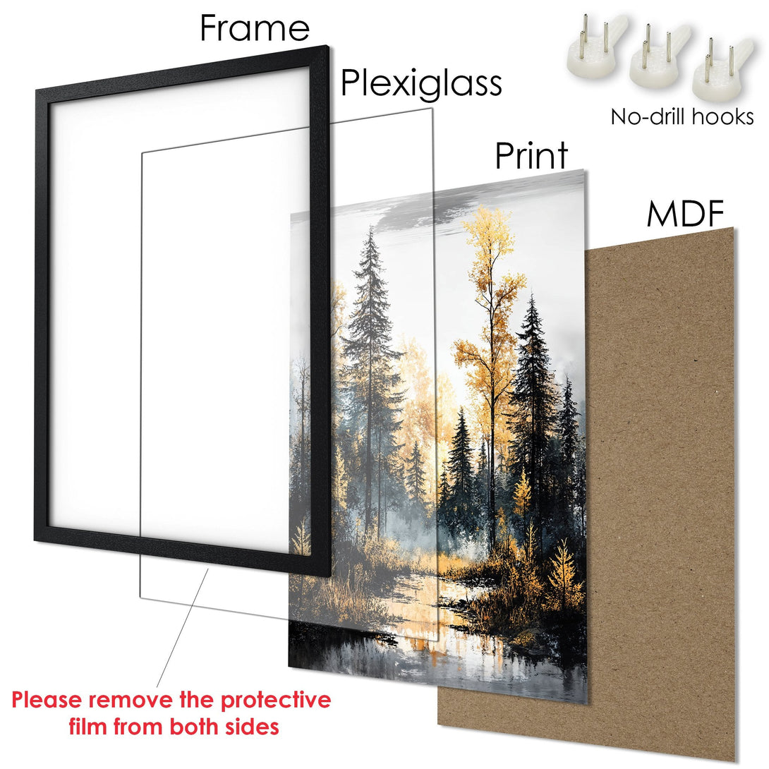 Framed Poster: Serene forest art print with black frame. Features a landscape scene in a muted color palette with gold accents. Ready to hang.