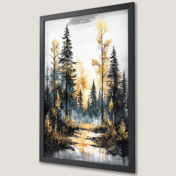 Framed Poster featuring a serene forest scene in gold, black, and teal. Modern art print for home decor.