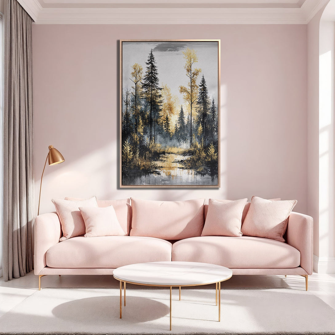 Framed Wall Art: Forest landscape in gold, black, and gray tones. Modern canvas print adds a touch of nature to any interior.