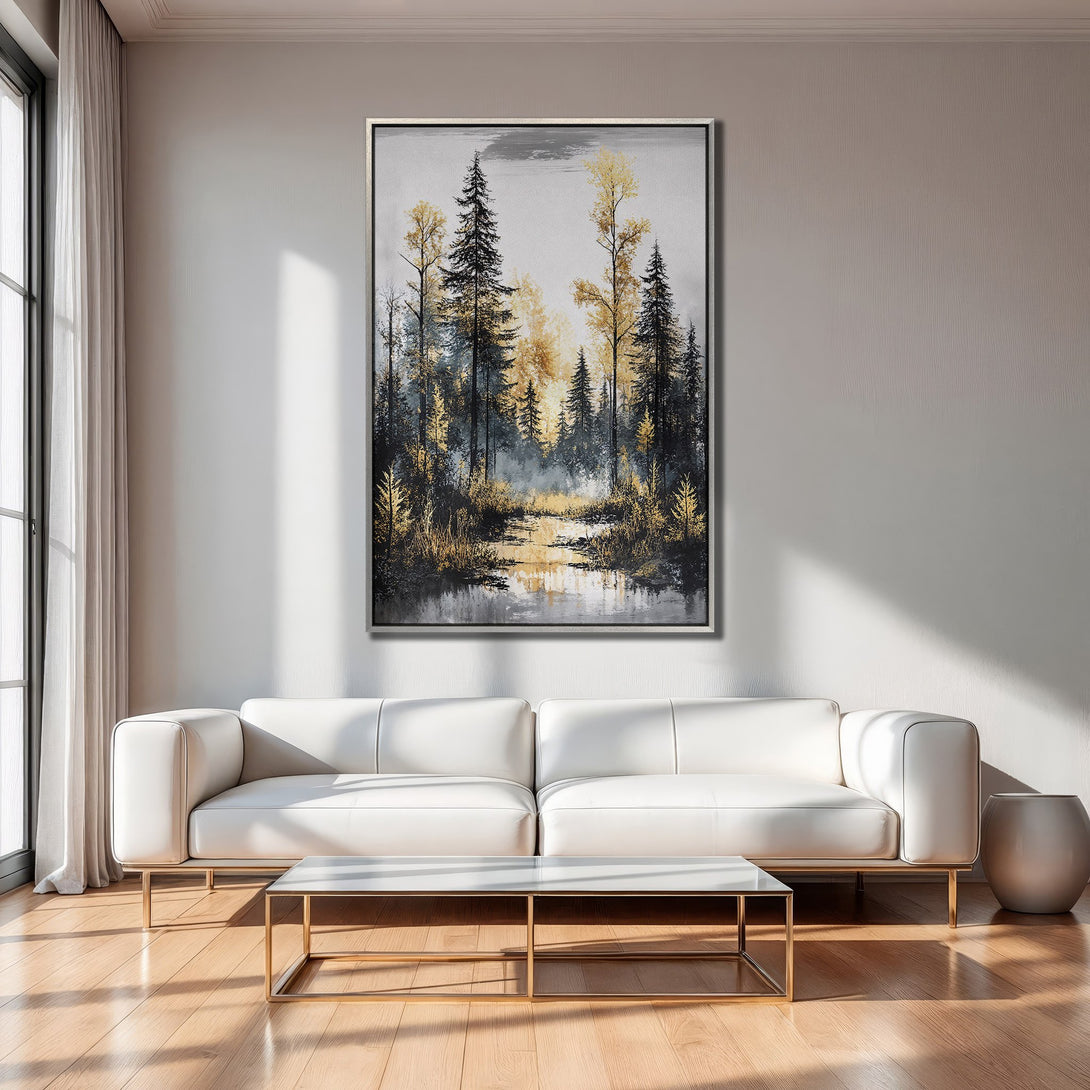 Framed Wall Art: Serene forest landscape canvas print in gold, black, and gray tones. Modern artwork for living room decor.