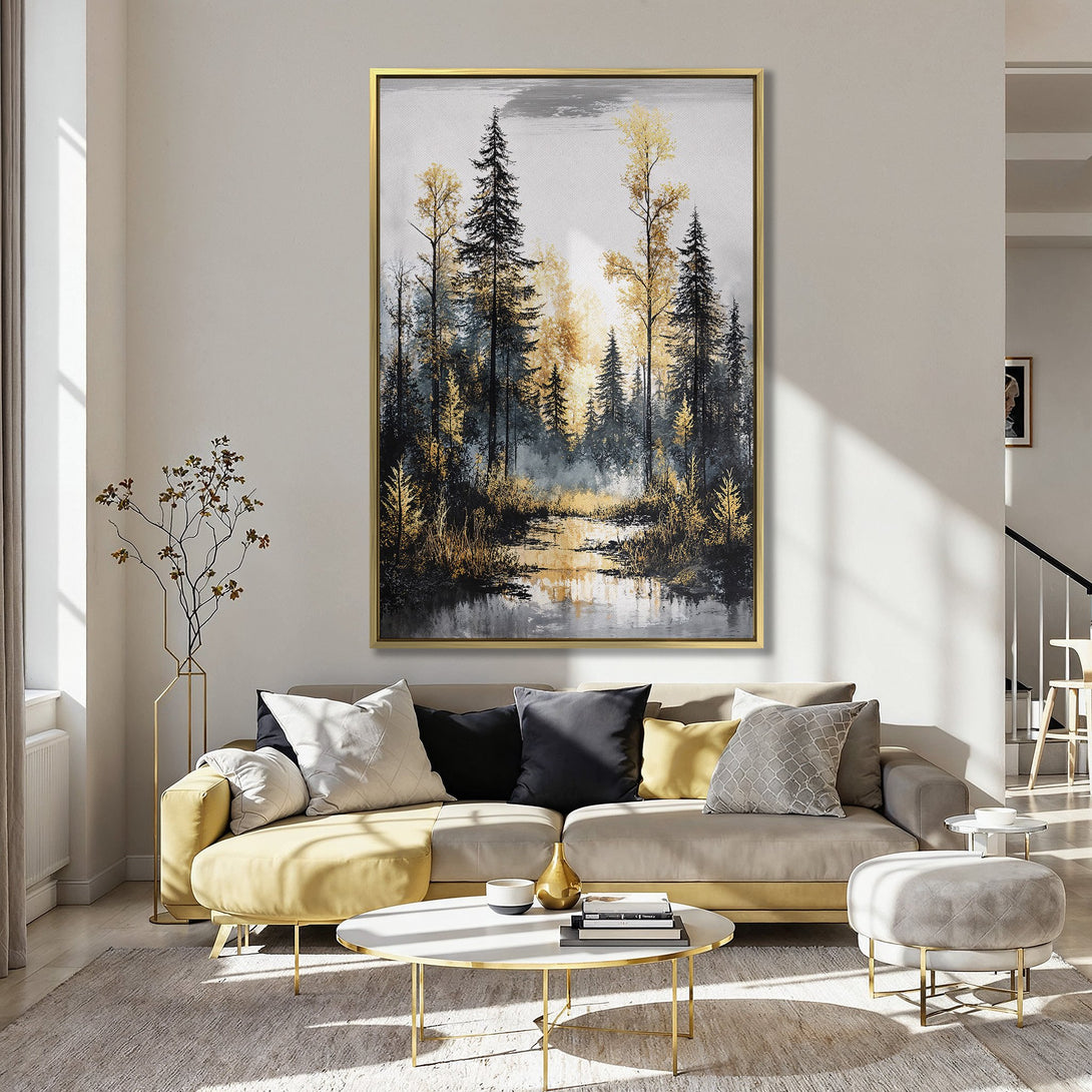 Canvas Print of a serene forest scene with gold and black trees, displayed in a cozy interior with a pink wall.