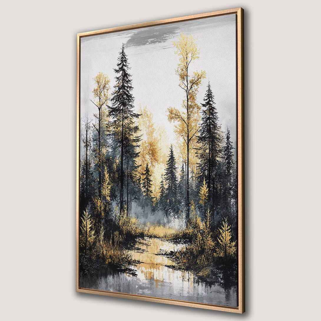 Framed Wall Art: Stunning forest landscape canvas print with gold and black trees. Modern art for your home decor, featuring a serene river scene.