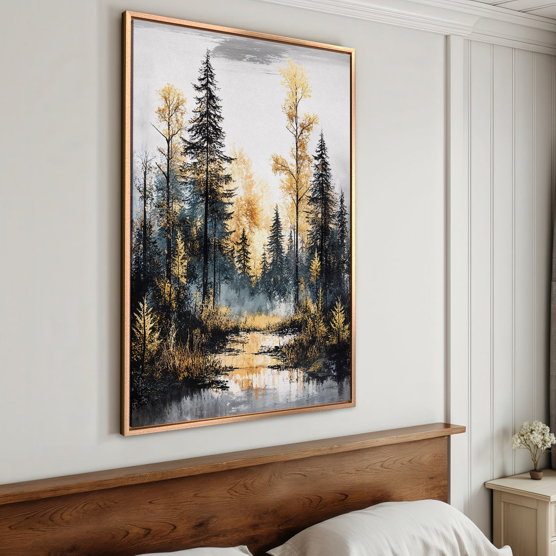 Framed Wall Art featuring a serene forest landscape in a gold, black, and gray color palette. Perfect for adding a touch of nature to your home.