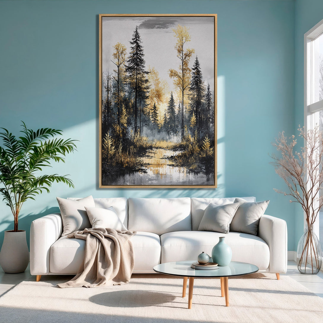 Framed Wall Art: Forest scene Canvas Print with gold and black trees. Modern art in a neutral color palette, perfect for living room decor.