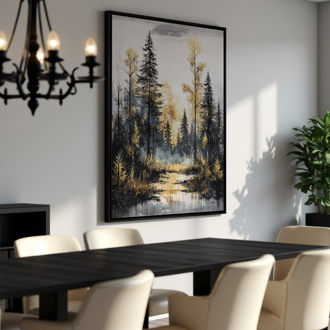 Framed Wall Art showcasing a serene forest scene with gold and black trees. Modern art piece in a dining room, perfect for adding a touch of nature's beauty.