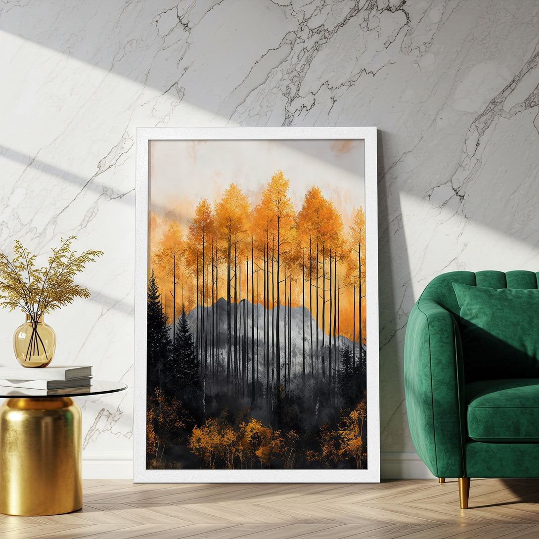 Framed Poster featuring an abstract forest scene in warm orange and gray tones. Modern art for your home!