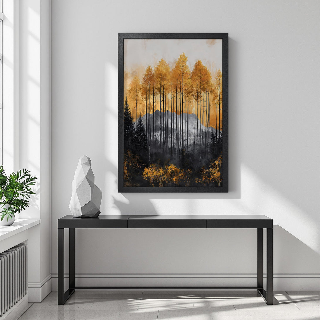 Framed Poster of a stylized forest scene with gold and black trees. Modern art print with a warm color palette.