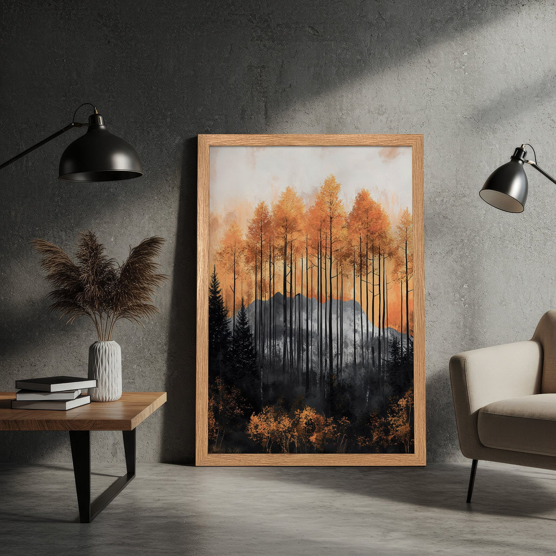 Framed Poster featuring a forest scene in warm orange and black tones. Modern art style, perfect for home decor.