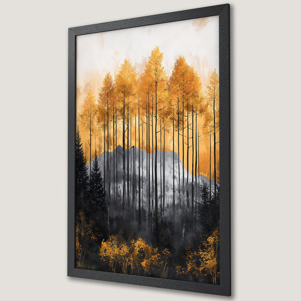 Framed Poster featuring a forest landscape with gold and black trees, in a modern style with a warm color palette.