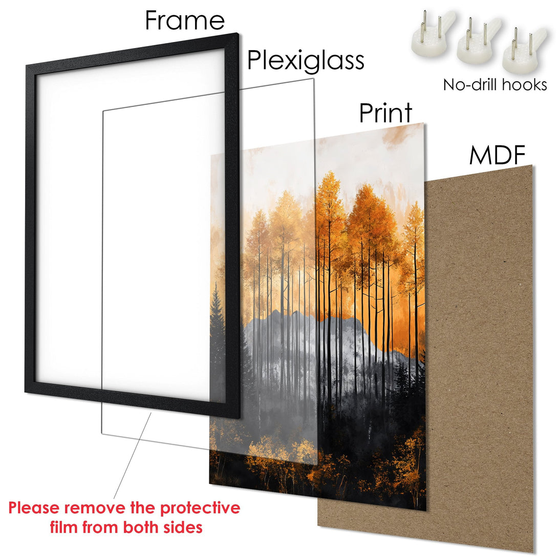 Framed Poster: Forest art print with a black frame. Featuring a warm orange and gray color palette, perfect for home decor.