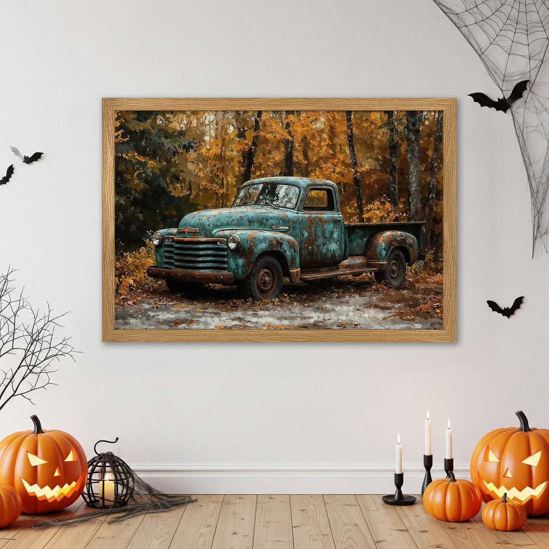 Framed Poster of vintage truck in autumn forest, warm color palette. Perfect wall art for rustic decor.
