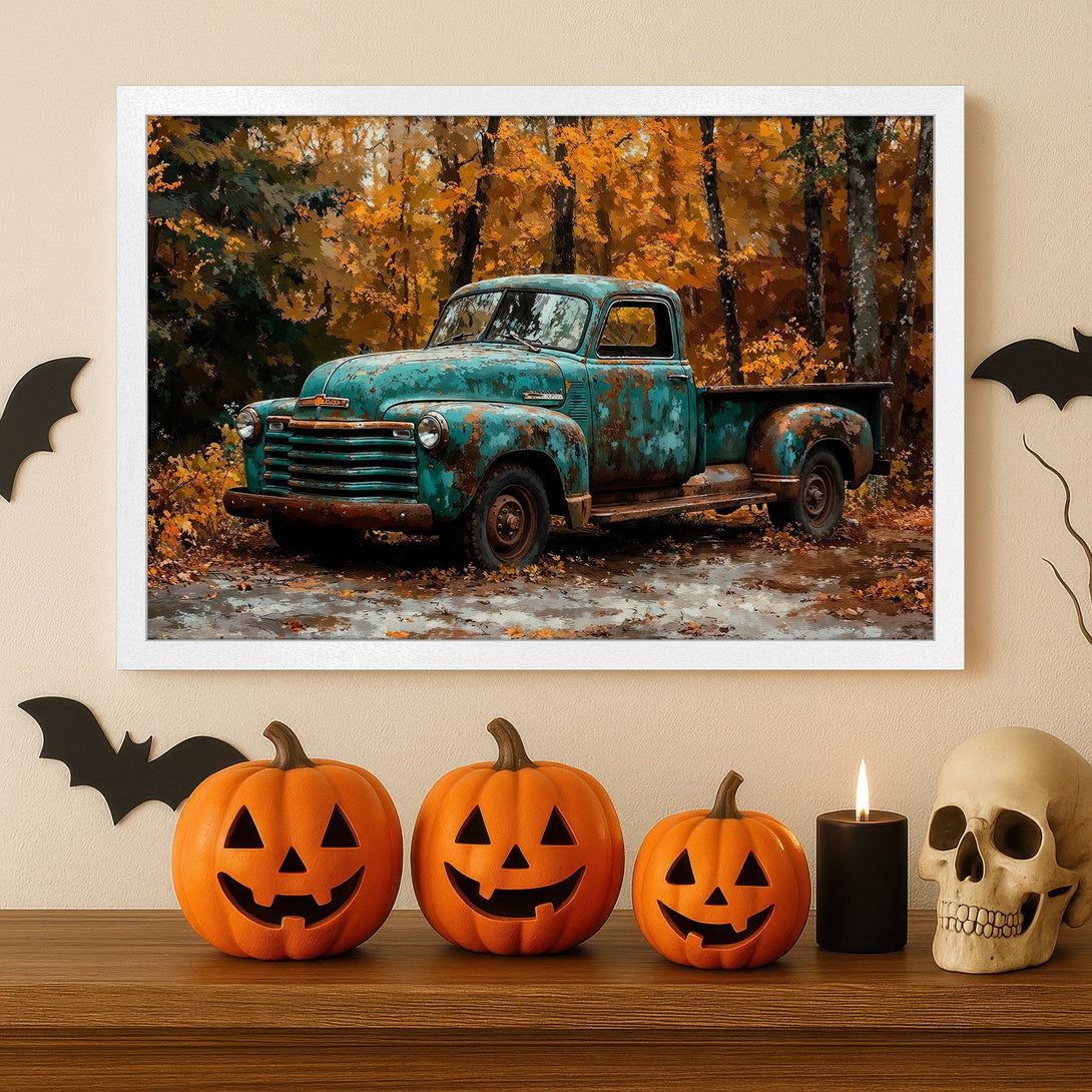 Framed Poster of vintage truck in autumn forest. Rustic art with teal, orange, and brown hues. Perfect fall decor.
