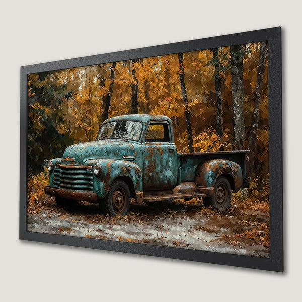 Framed Poster: Vintage truck in autumn forest, rustic art print with warm gold and teal color palette. Perfect wall decor.