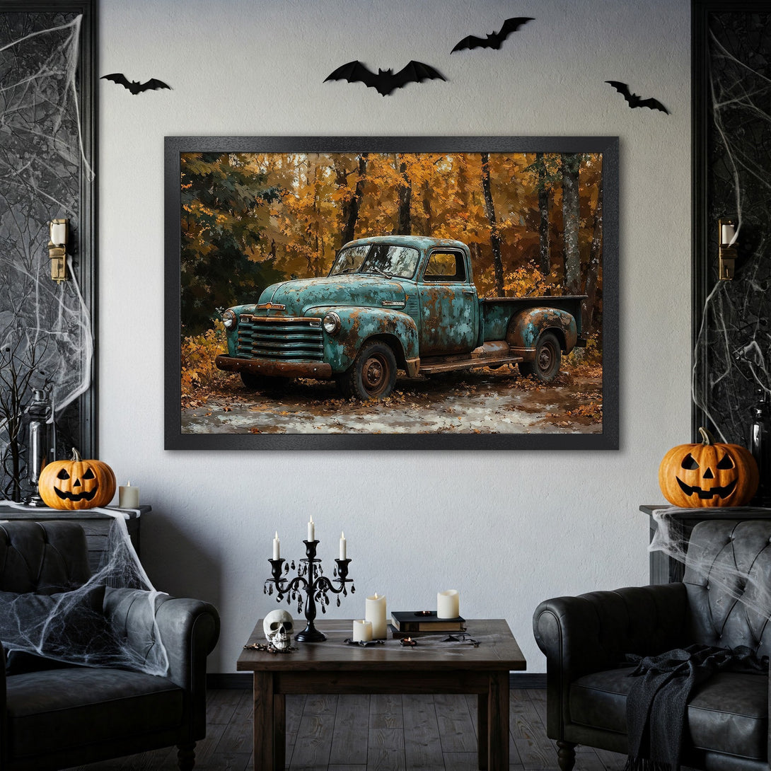 Framed Poster featuring a vintage truck in autumn forest. Rustic style, warm orange and teal color palette. Perfect wall art.