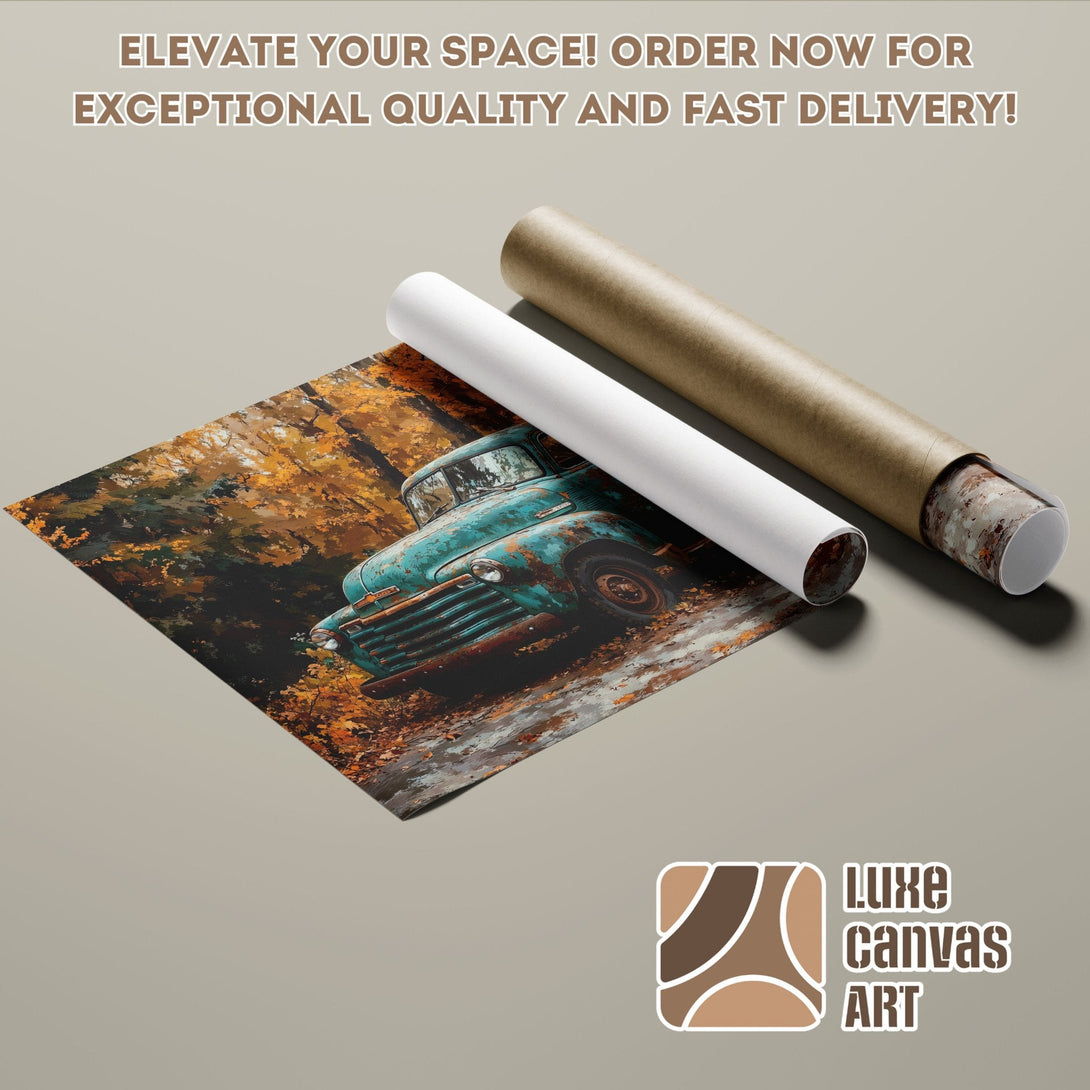 Poster Roll featuring a vintage truck in autumn colors. Elevate your space with this stunning art!