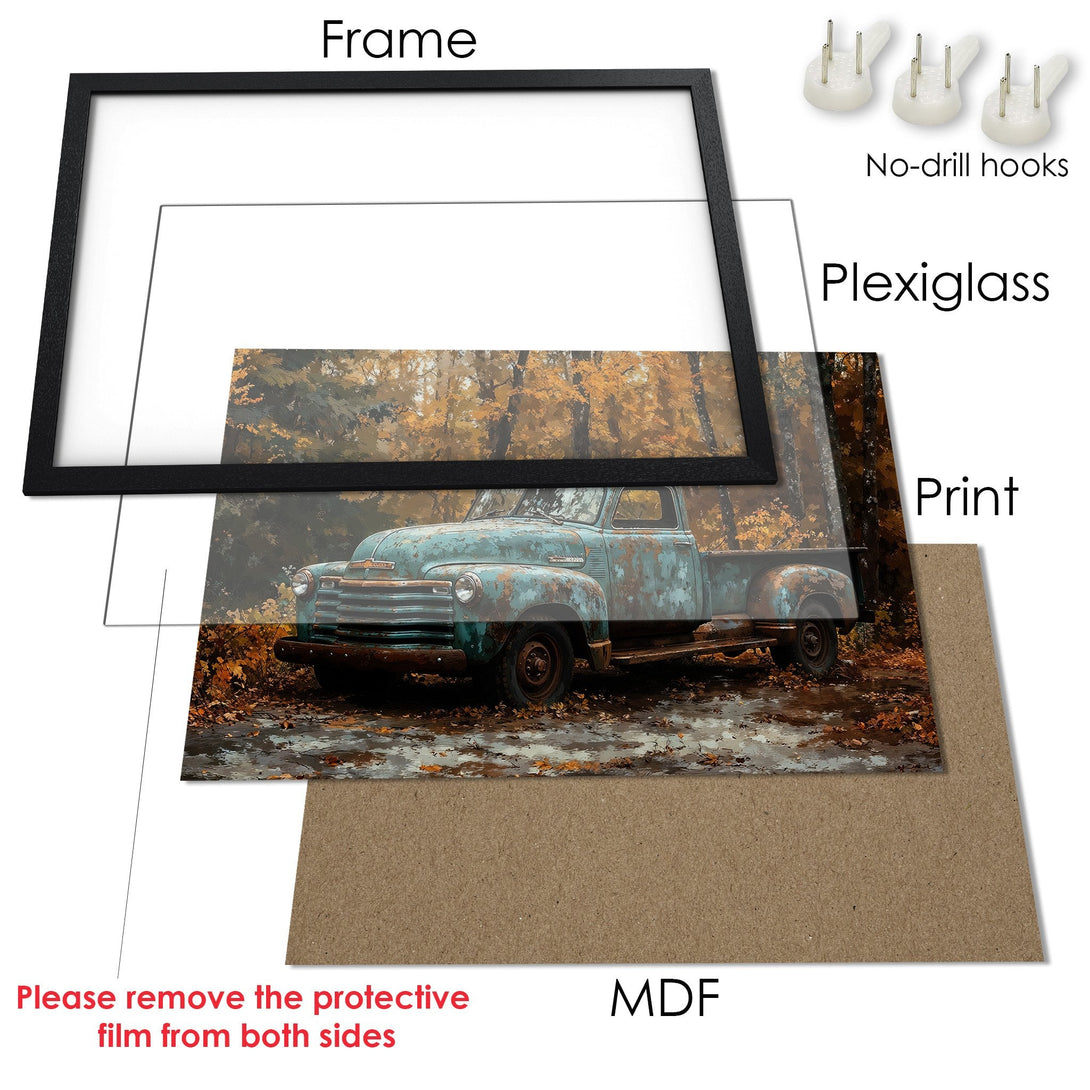 Framed Poster featuring a vintage truck in a forest scene. Warm autumn colors and rustic style. Perfect wall art!