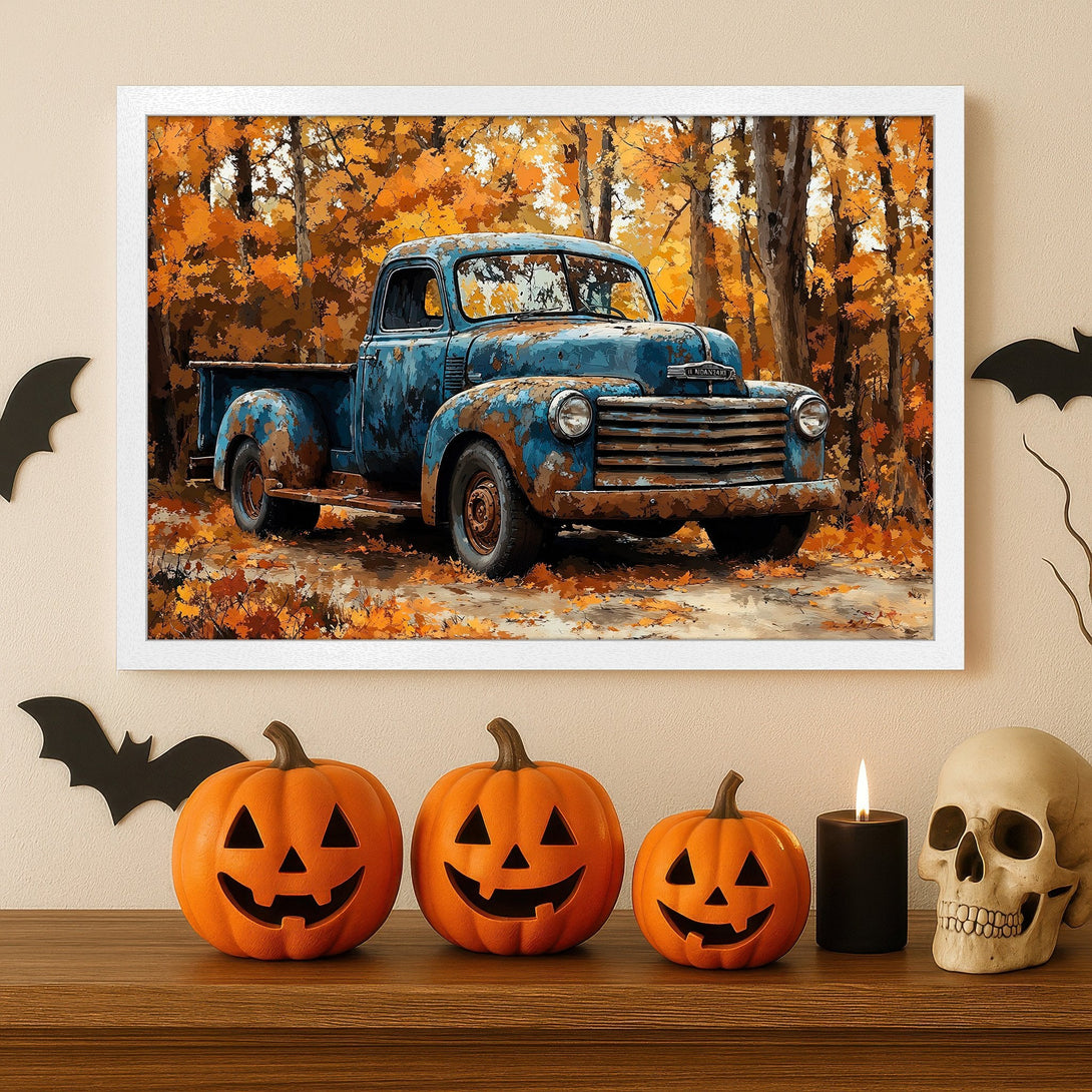 Framed Poster of a vintage blue truck in an autumn forest. Warm orange and brown tones. Perfect fall decor!