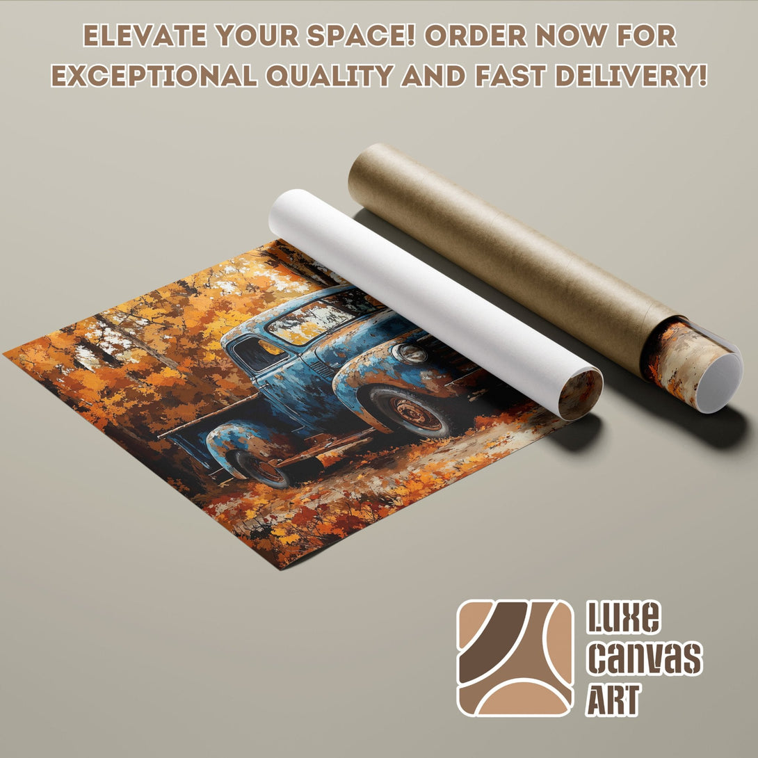 Poster Roll featuring a vintage truck in autumn colors. Rustic art style.