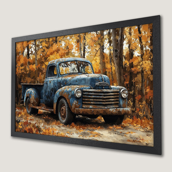 Framed Poster of a vintage blue truck in an autumn forest. Rustic art style with warm orange and brown color palette. Perfect wall decor.